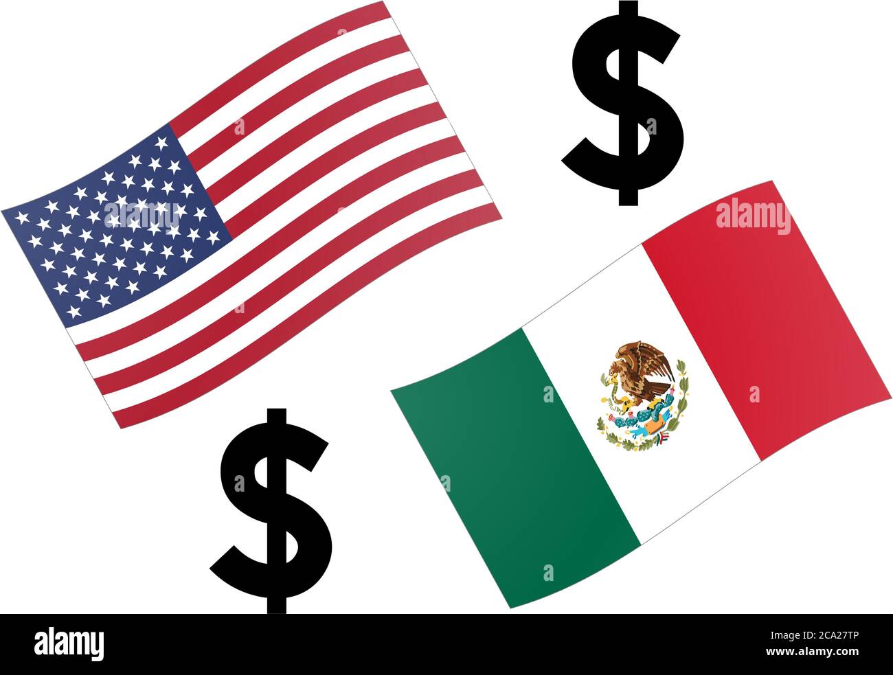 USDMXN forex currency pair vector illustration. American and Mexican flag, with Dollar symbol. Stock Vector