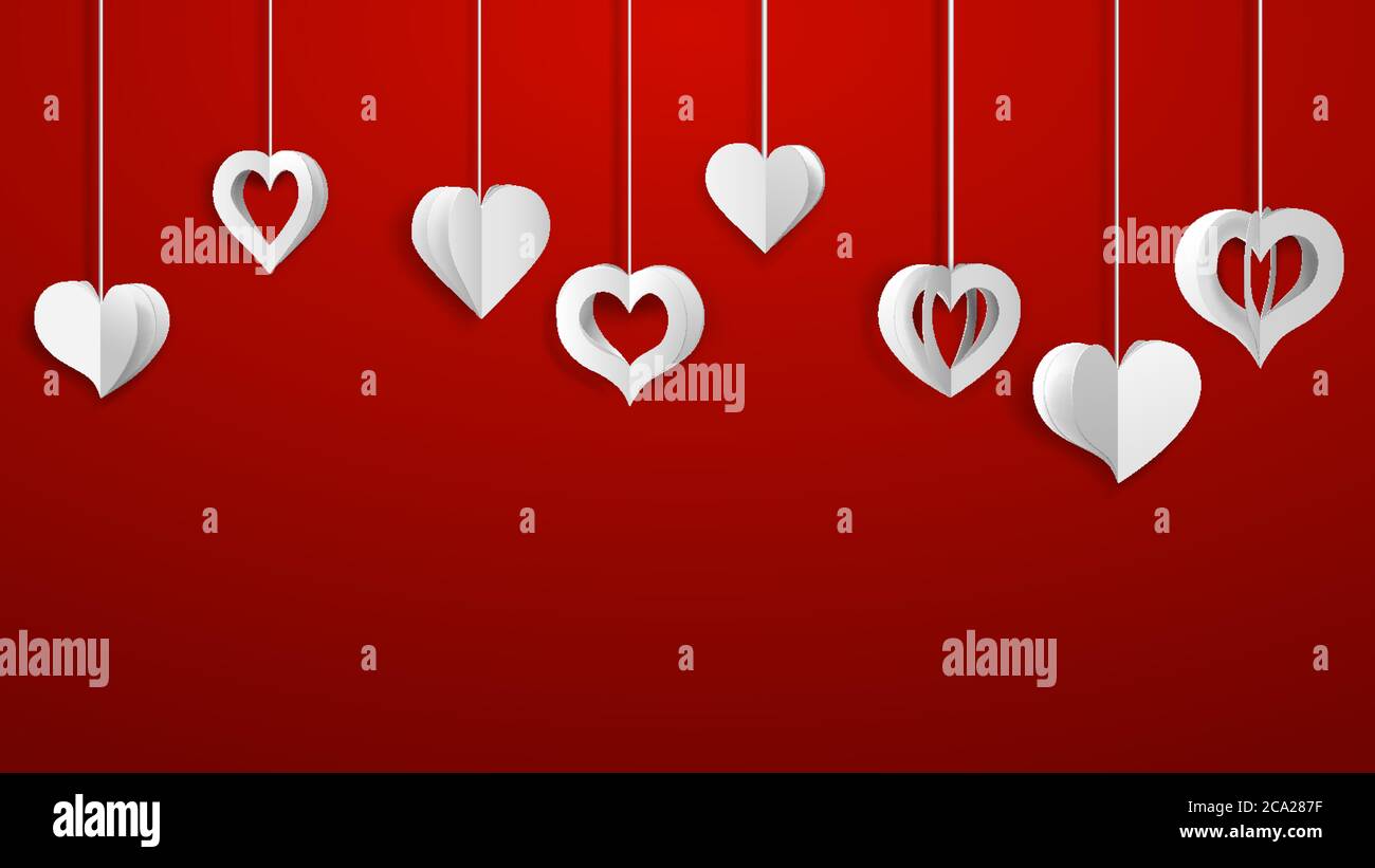 Background with hanging paper volume hearts, white on red Stock Vector ...