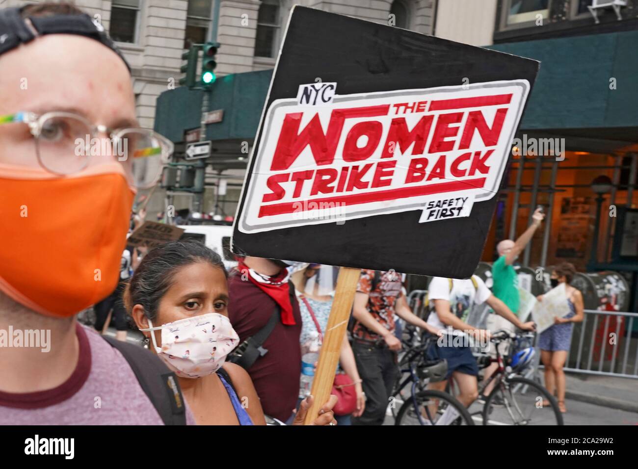 NEW YORK, NY AUGUST 03, 2020 Protestors carrying signs for safe