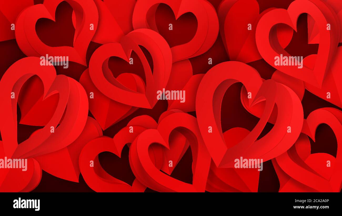 Background with many paper volume hearts with holes, in red colors ...