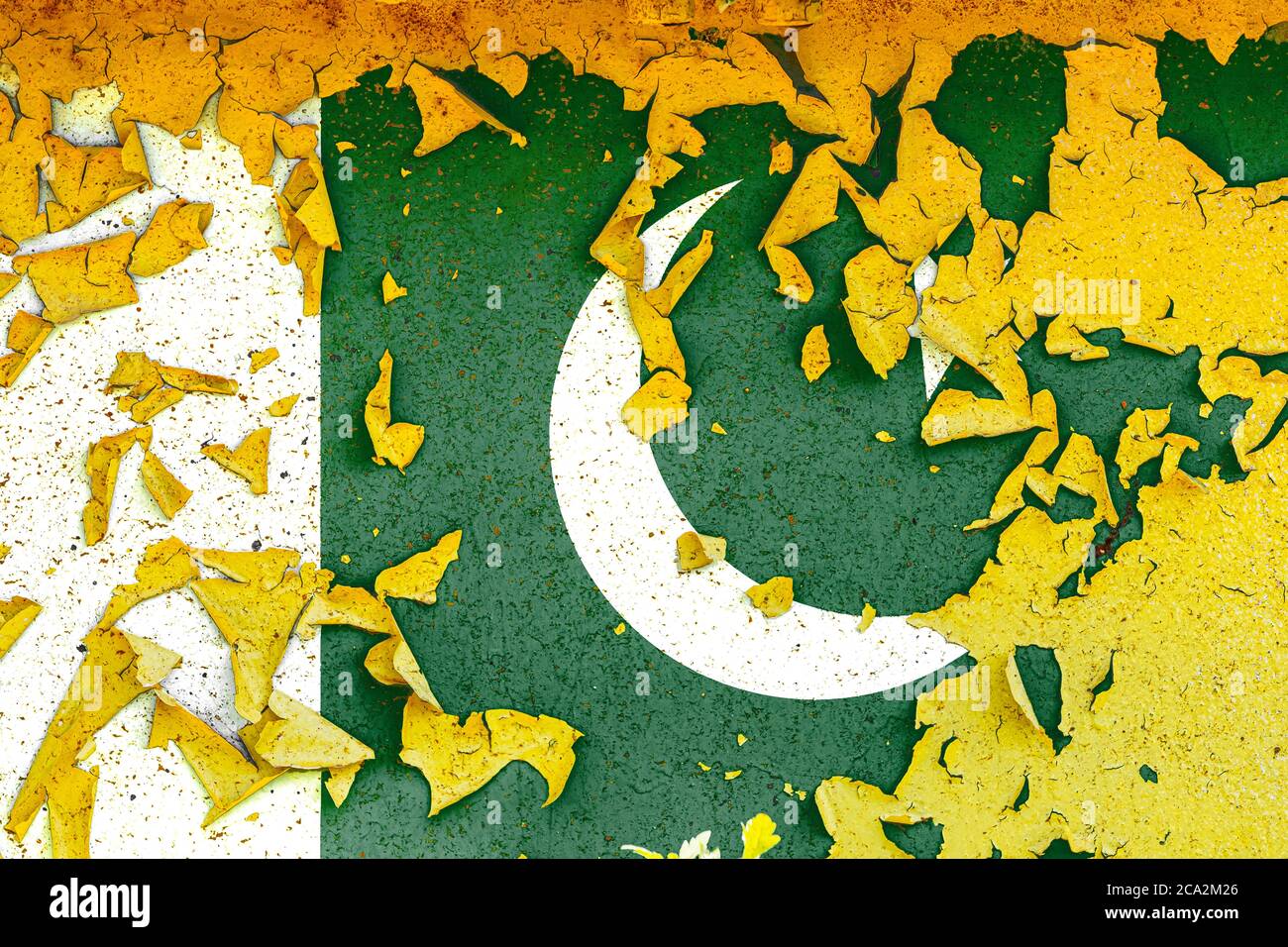 The national flag of Pakistan is painted on an old metal wall with ...
