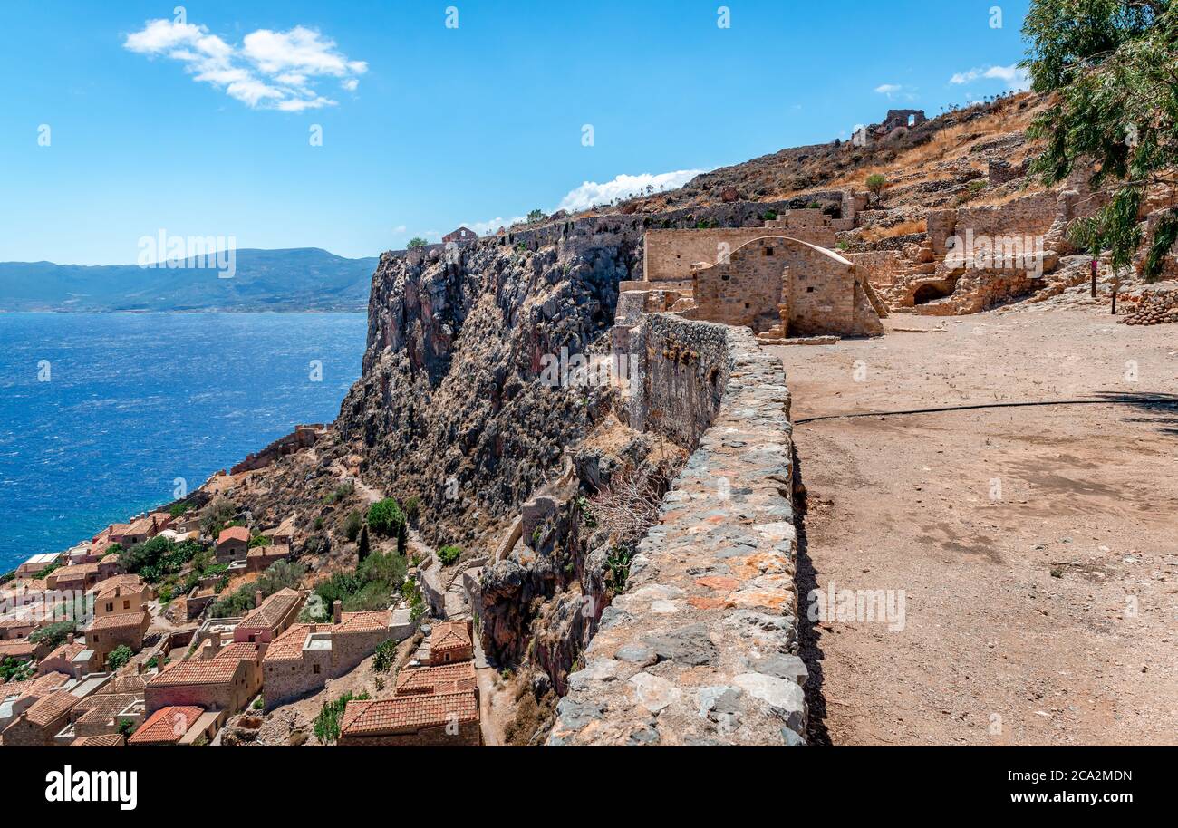 Monemvasia, Greece: View of the lower town and the ruins of the upper town. Stock Photo