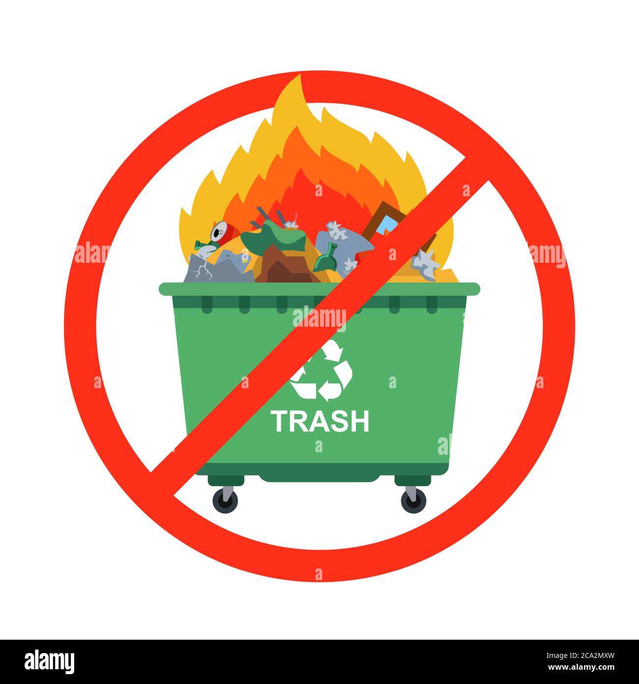 Burning Waste Bin. Flat Vector Illustration. Green Container