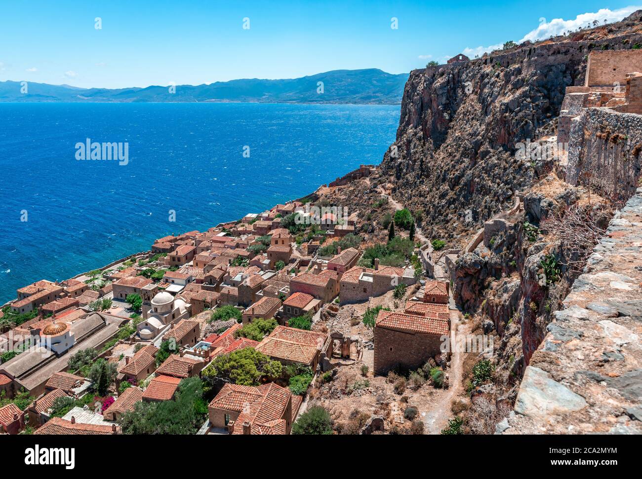 View of the medieval town of Monemvasia from above. Peloponnese, Greece. Stock Photo