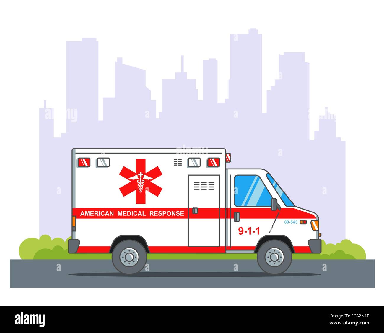 ambulance hurries to the rescue against the backdrop of the city. flat vector illustration Stock Vector