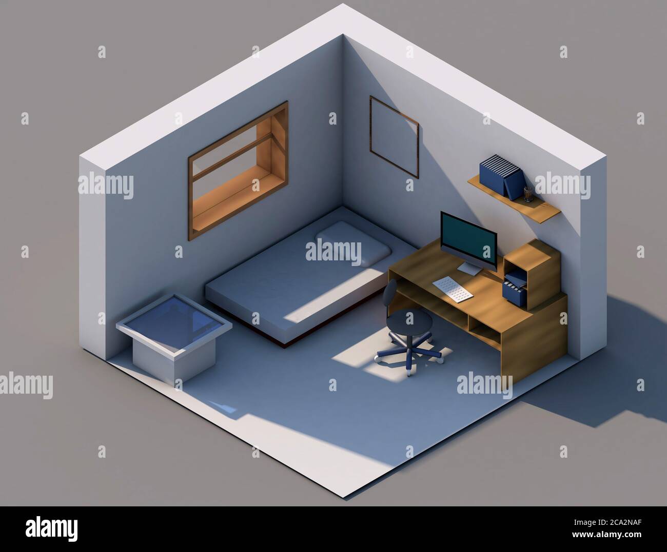3D rendering isometry of a living room with a table, computer, chair, and pedestal Stock Photo