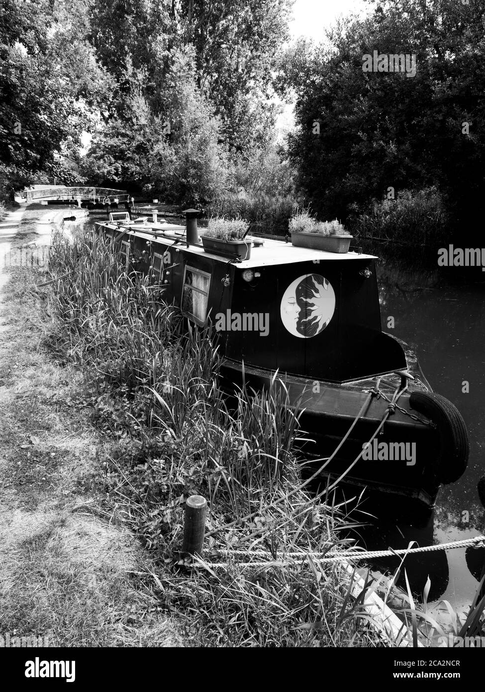 Peaceful Black and White Berkshire Landscape, Hamstead Lock, Kennet and Avon Canal, Newbury, Berkshire, England, UK, GB. Stock Photo