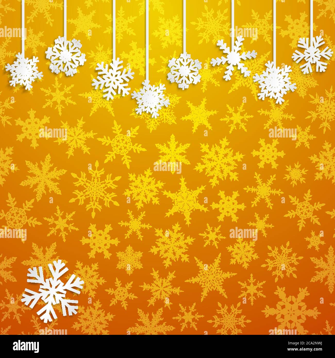 Christmas illustration with white hanging snowflakes on golden ...