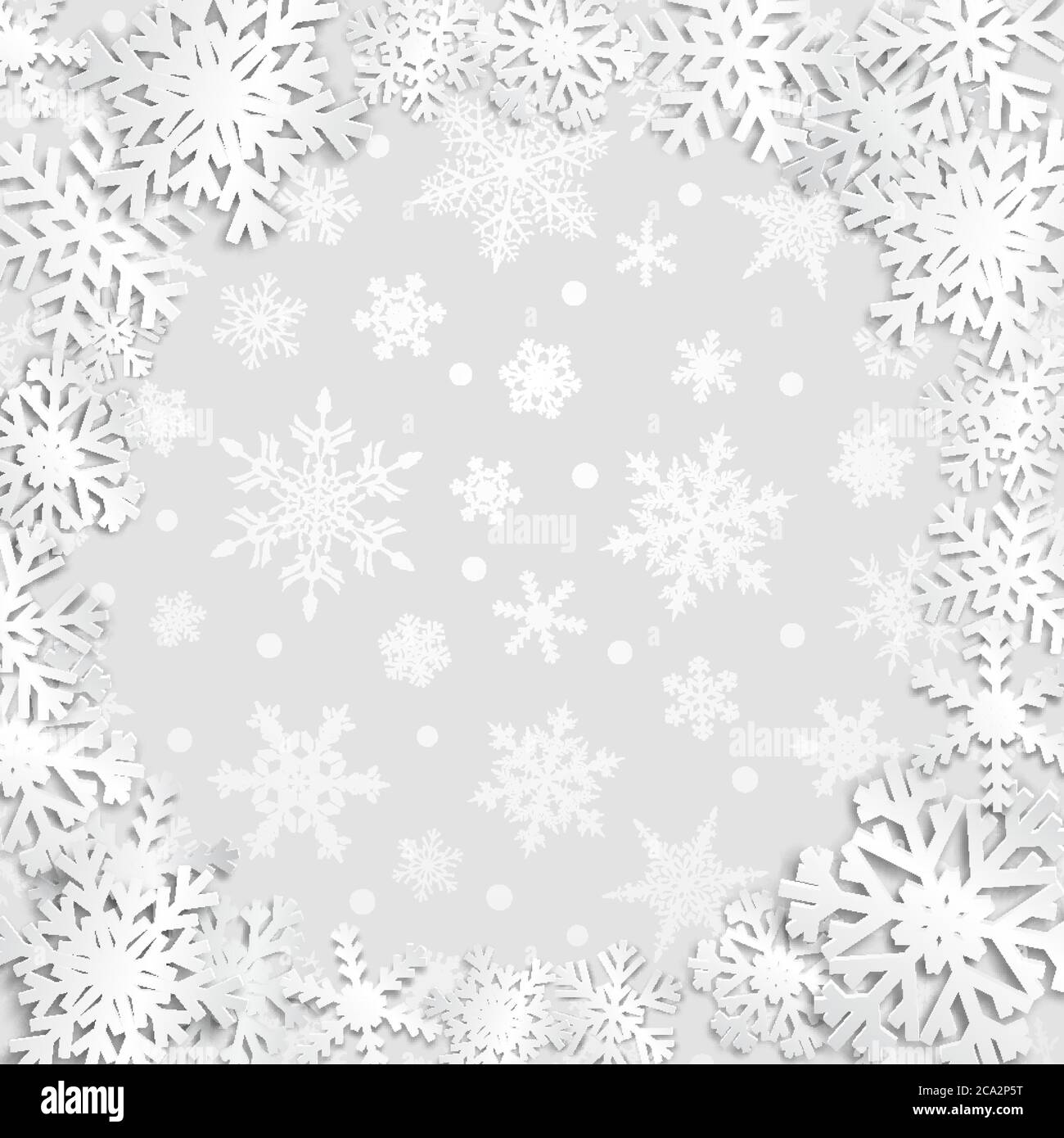 Christmas illustration with circle frame of white snowflakes on gray ...