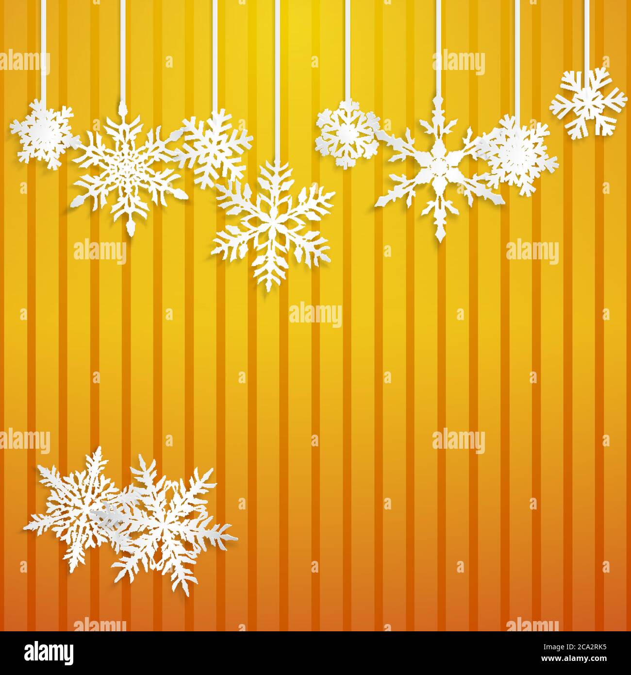 Christmas illustration with white hanging snowflakes on striped yellow ...