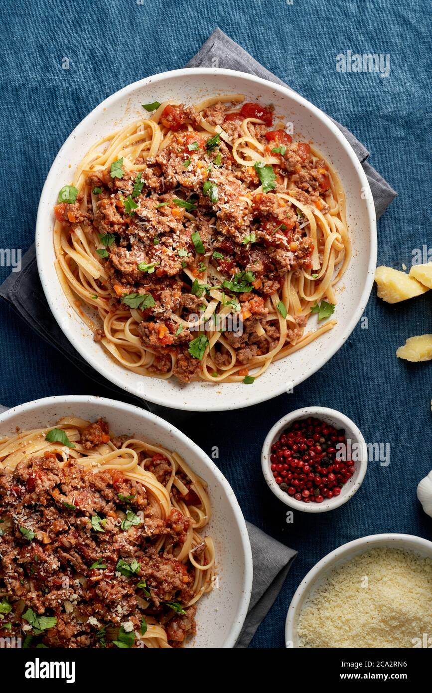 Pasta Bolognese Linguine with mincemeat, tomatoes, parmesan cheese