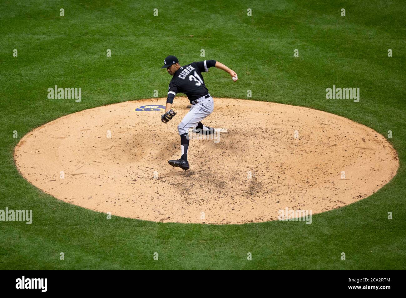 Milwaukee, USA. August 3, 2020: An upper deck view of Chicago White Sox relief pitcher Steve Cishek #31 delivering a pitch during the Major League Baseball game between the Milwaukee Brewers and the Chicago White Sox at Miller Park in Milwaukee, WI. John Fisher/CSM Credit: Cal Sport Media/Alamy Live News Stock Photo