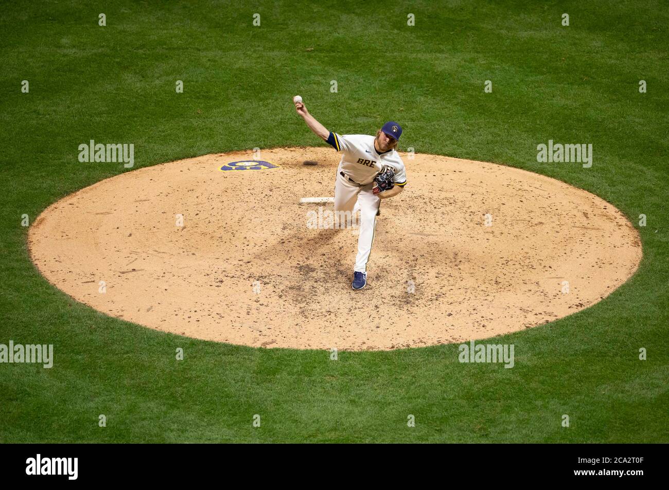 Milwaukee, USA. August 3, 2020: An upper deck view of Milwaukee Brewers relief pitcher Corbin Burnes #39 delivering a pitch duringthe Major League Baseball game between the Milwaukee Brewers and the Chicago White Sox at Miller Park in Milwaukee, WI. John Fisher/CSM Credit: Cal Sport Media/Alamy Live News Stock Photo