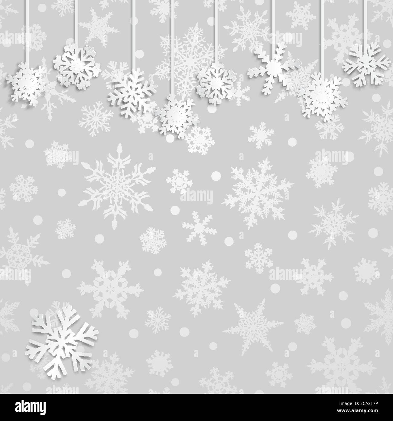 Christmas illustration with white hanging snowflakes on gray background ...