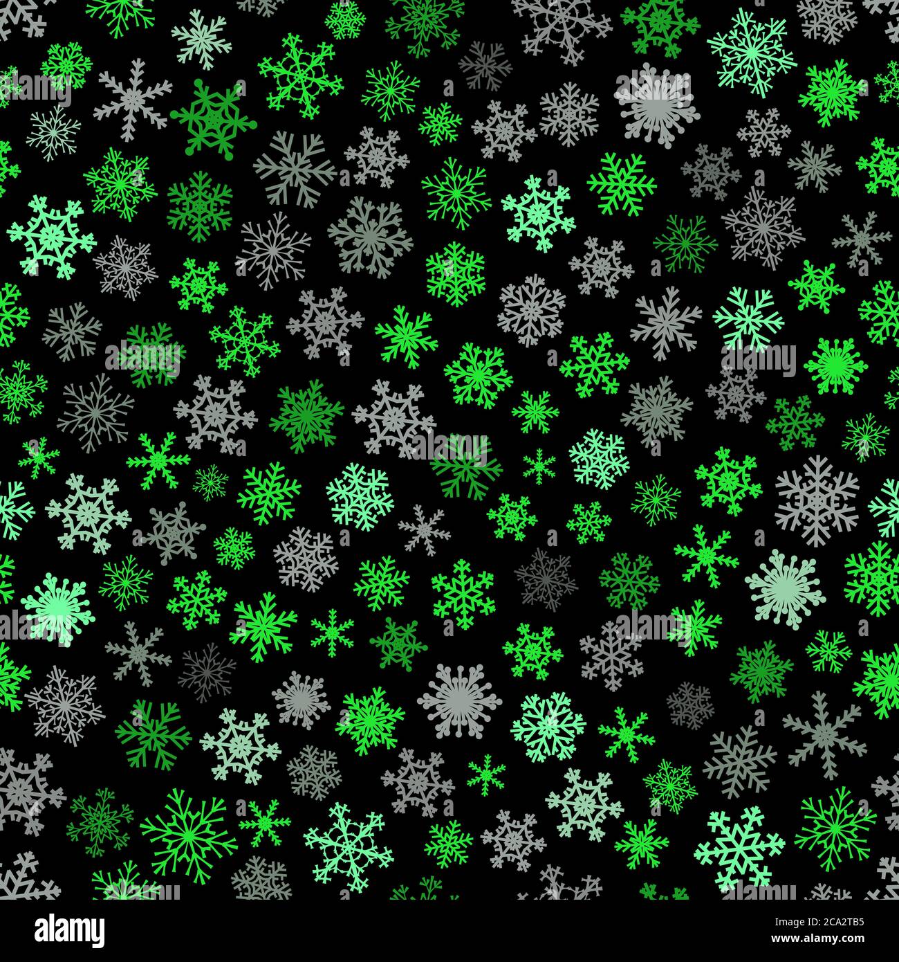 Christmas seamless pattern of snowflakes, gray and green on black background. Stock Vector