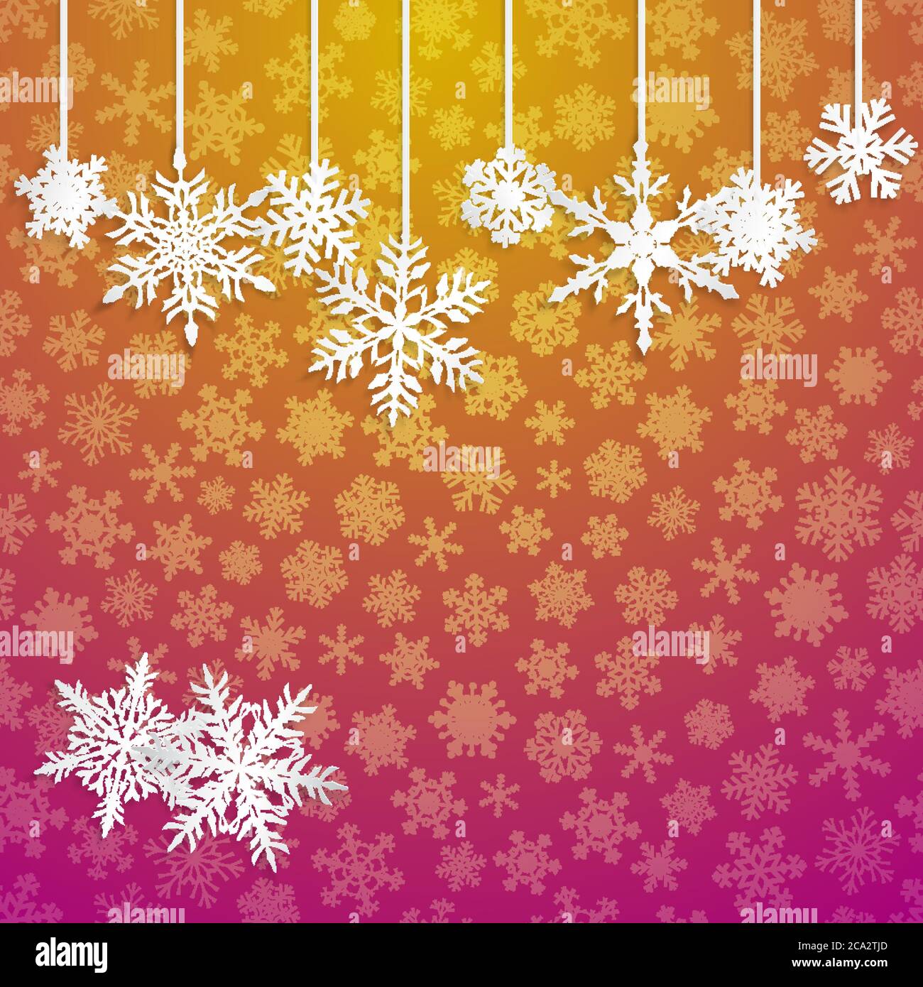 Christmas illustration with white hanging snowflakes on yellow and ...