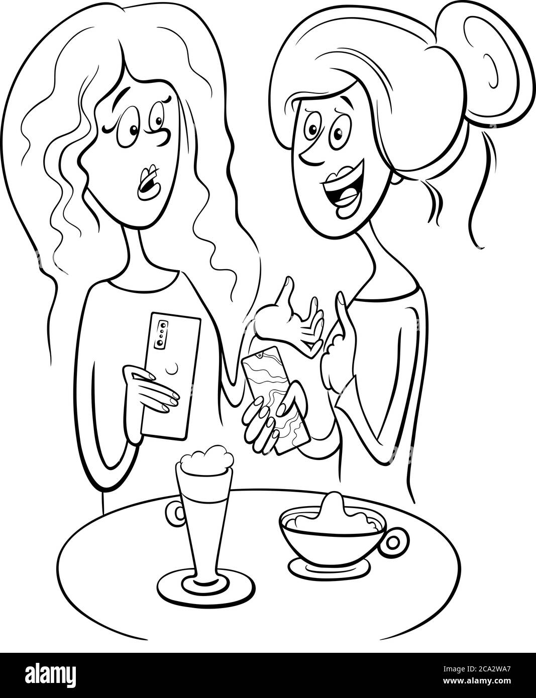 Black and White Cartoon Illustration of Two Gossiping Women in a Cafe Coloring Book Page Stock Vector