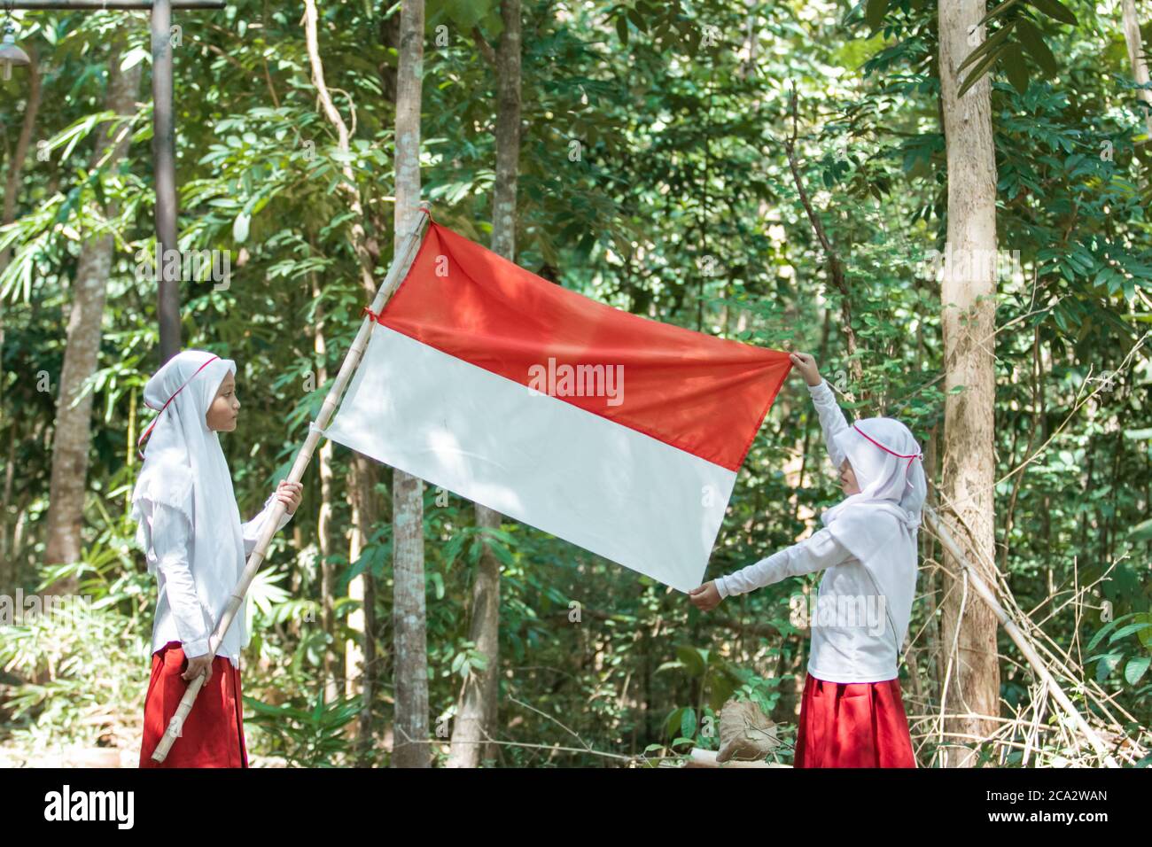 Svømmepøl triathlete forbrydelse two little Muslim girls wearing headscarves holding red and white flag and  another girl stretching a flag against a tree background Stock Photo - Alamy