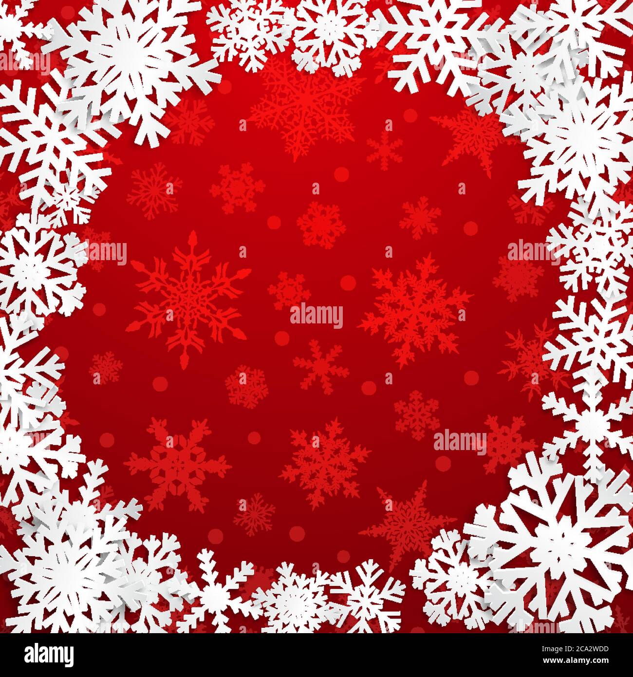 Christmas illustration with circle frame of white snowflakes on red ...