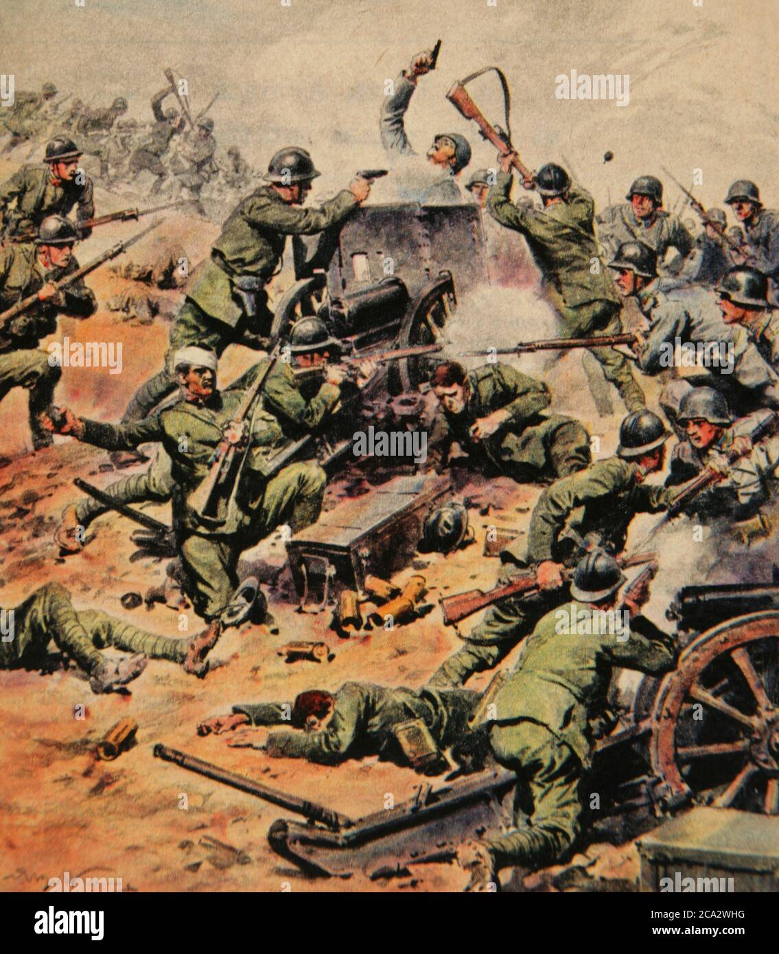 I World War (1914-1918). German troops attacking the Italian artillery. Illustration by Achille Beltrame (1871-1945). La Domenica del Corriere, 1917. Stock Photo