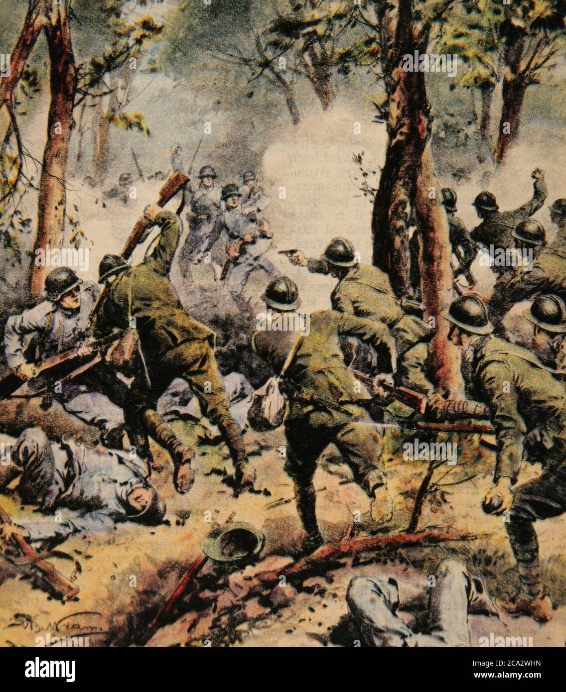 First World War (1914-1918). The successful counterattack of the Italian troops in the Ardre river valley, France. Illustration by Achille Beltrame (1871-1945). La Domenica del Corriere, 1918. Stock Photo