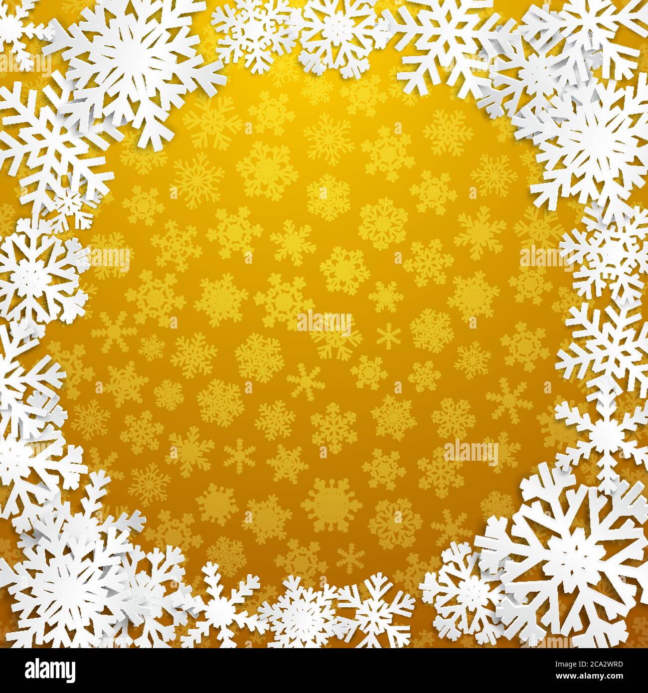 Christmas illustration with circle frame of white snowflakes on yellow ...