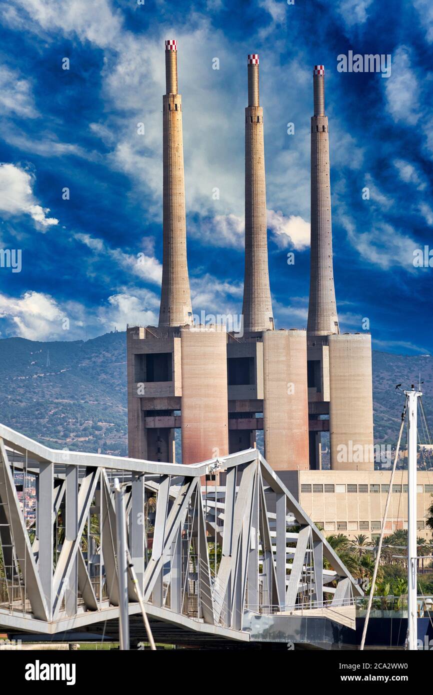 Power plant towers. Sant Adrià de Besòs, Forum, Barcelona, Catalunya, Spain, Europe Stock Photo