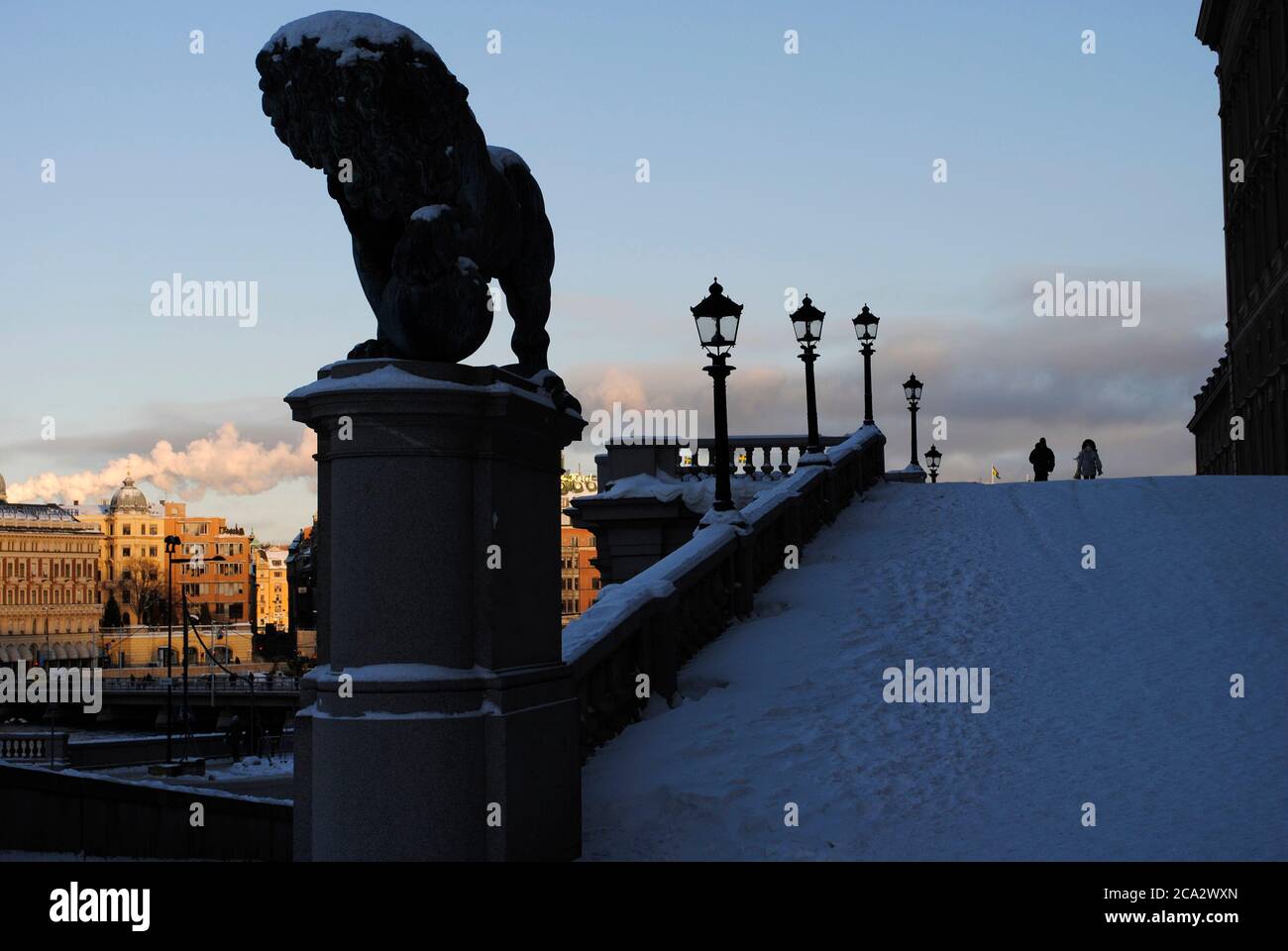 Winter landscape. Statue of a lion outside the Royal Palace. Stockholm. Sweden. Stock Photo