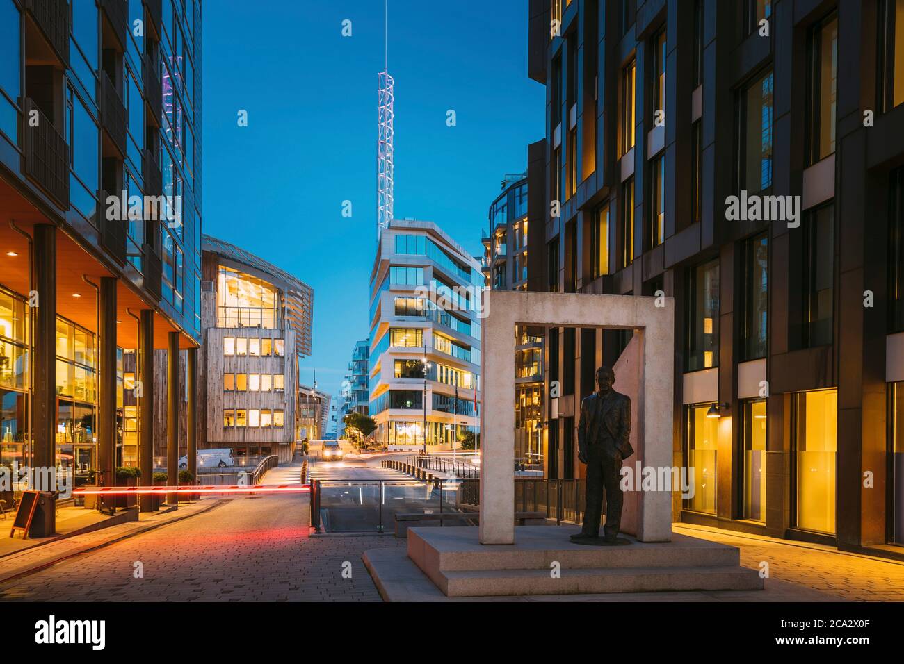 Oslo, Norway. Night View Embankment And Residential Multi-storey Houses In Tjuvholmen District. Summer Evening. Residential Area. Stock Photo