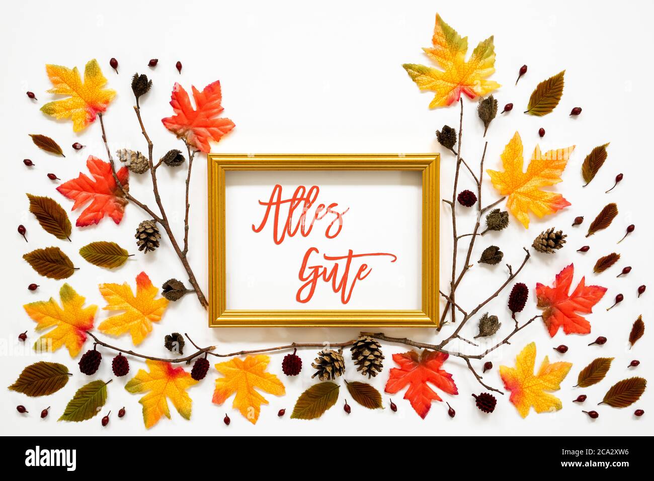 Colorful Autumn Leaf Decoration, Golden Frame, Text Alles Gute Means Best Wishes Stock Photo