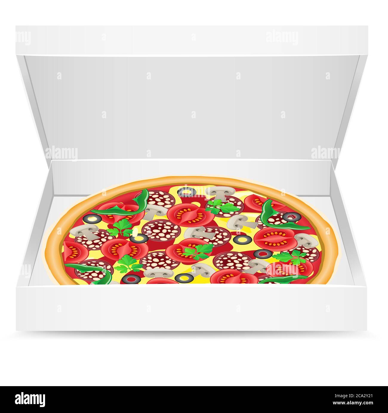 pizza is in a cardboard box vector illustration. Stock Photo