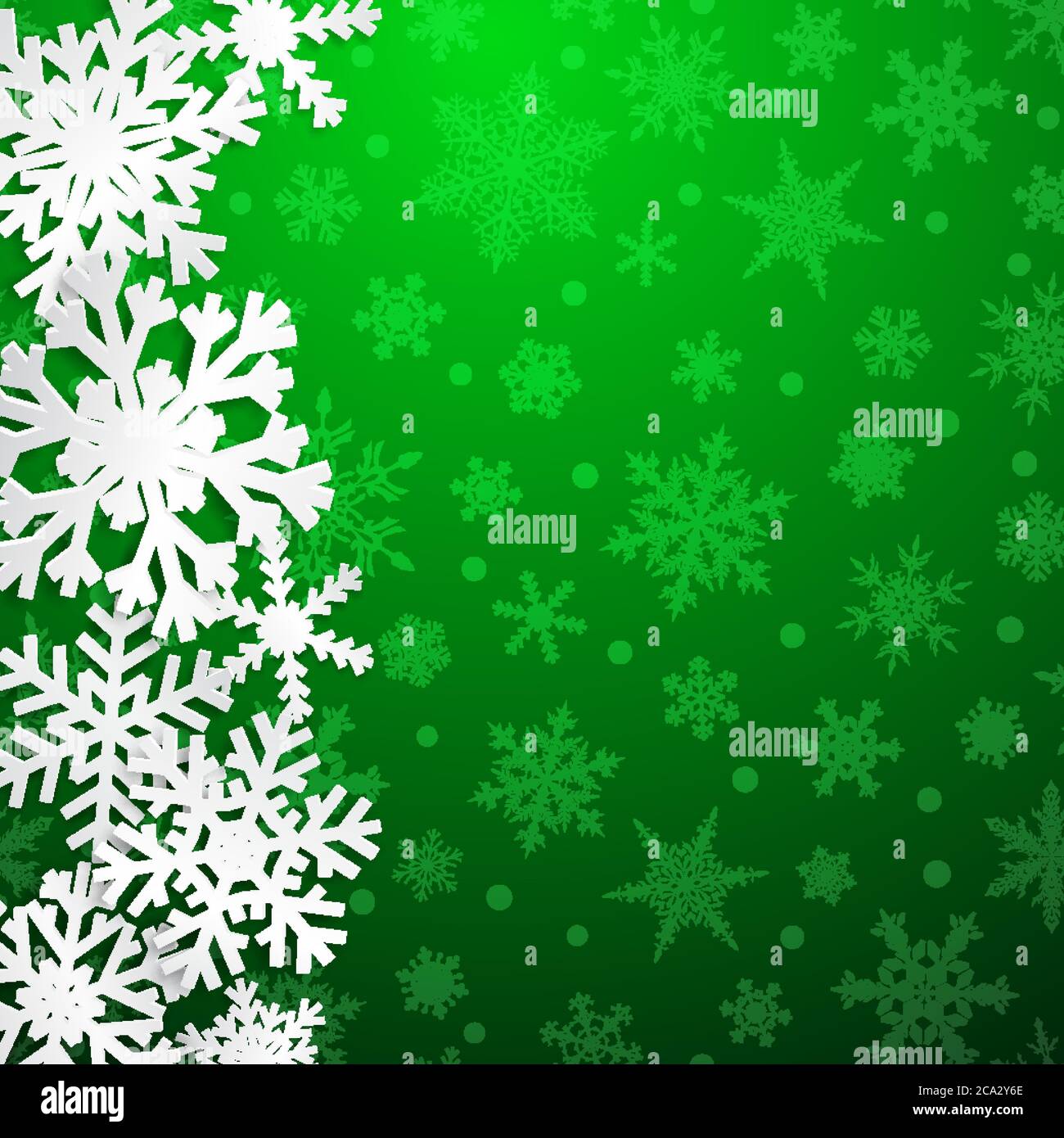 Christmas illustration with big white snowflakes with shadows on green ...