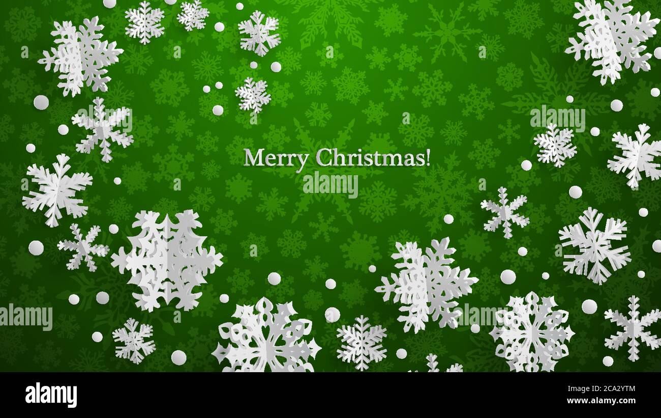 Christmas illustration with white three-dimensional paper snowflakes on ...