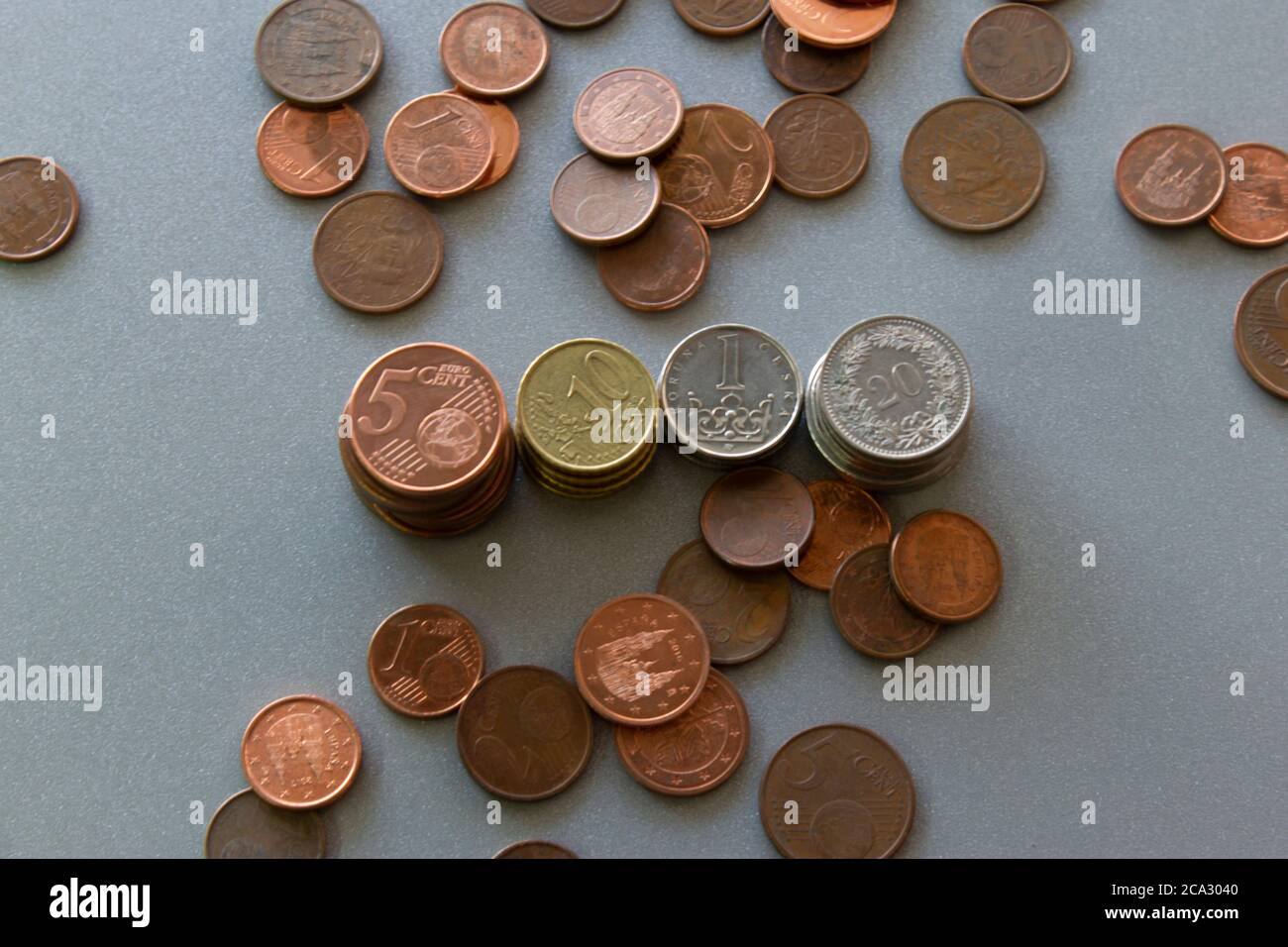 Euro and Europe Coins stacks,diferent sizes and colors.Saving money concept,business and banking. Stock Photo