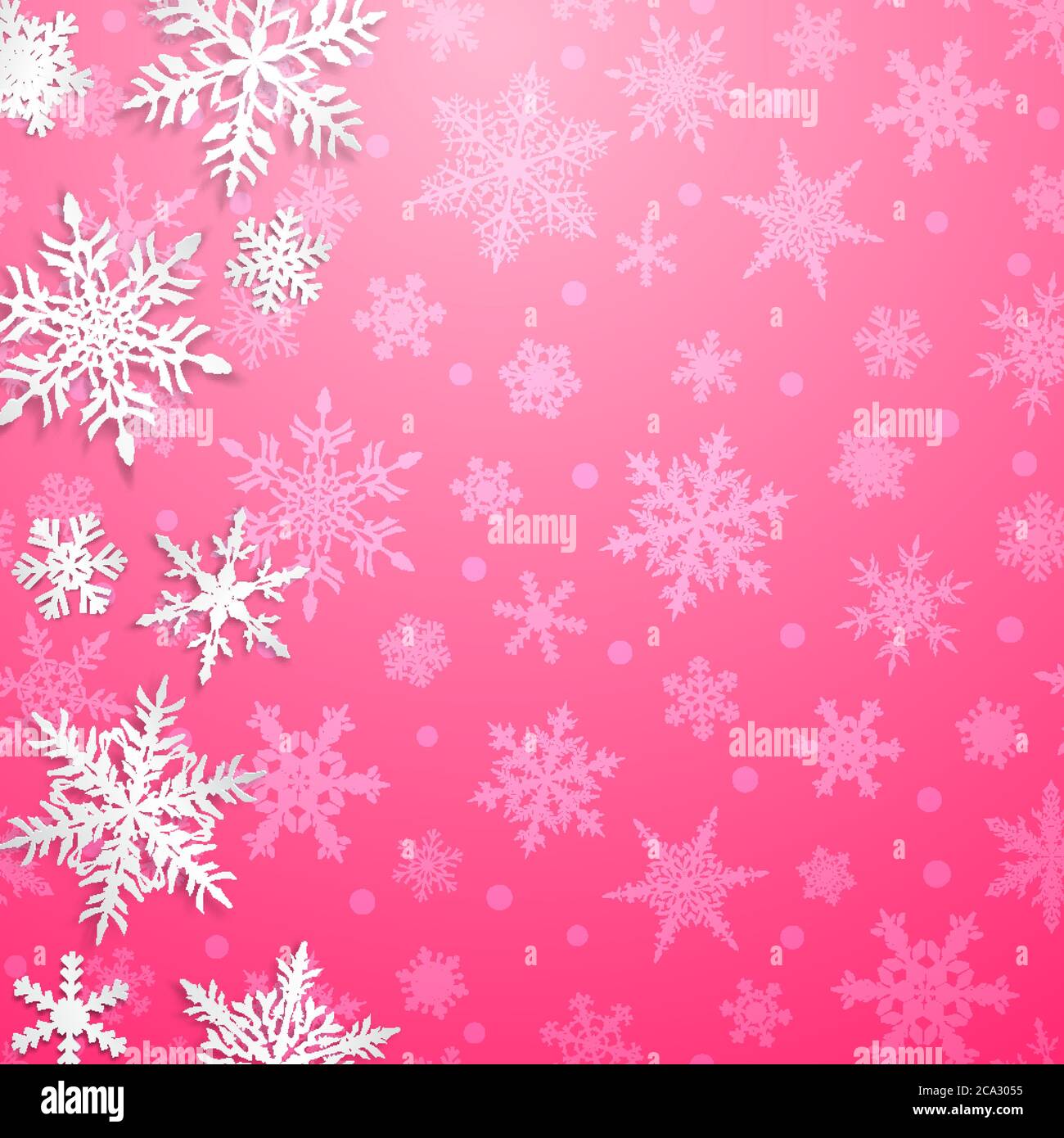 Christmas illustration with big white snowflakes with shadows on pink ...