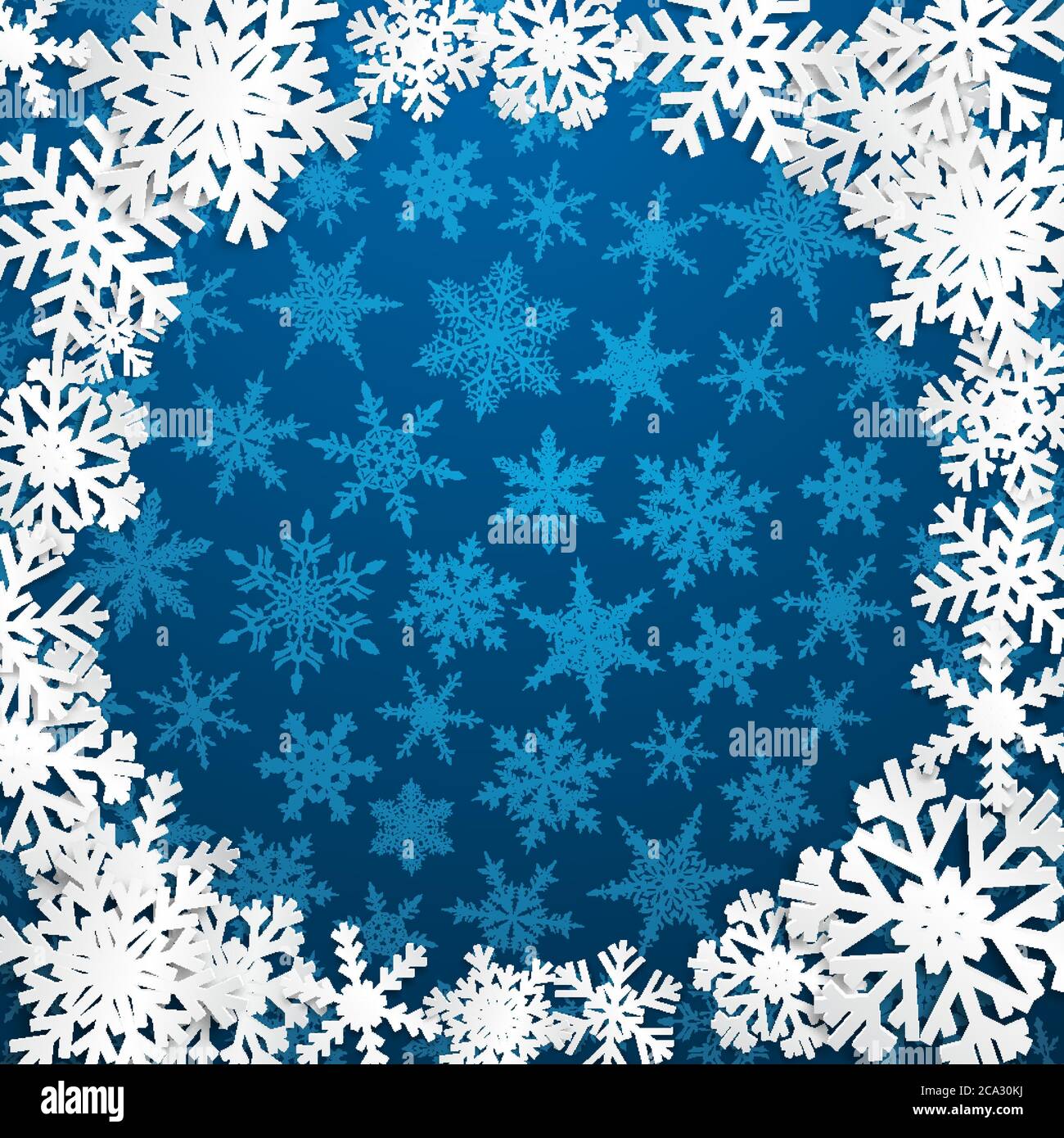 Christmas illustration with circle frame of white snowflakes on light ...