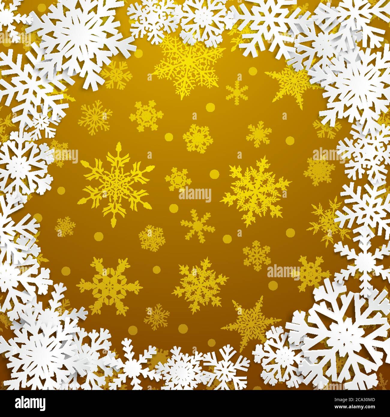 Christmas illustration with circle frame of white snowflakes on golden ...