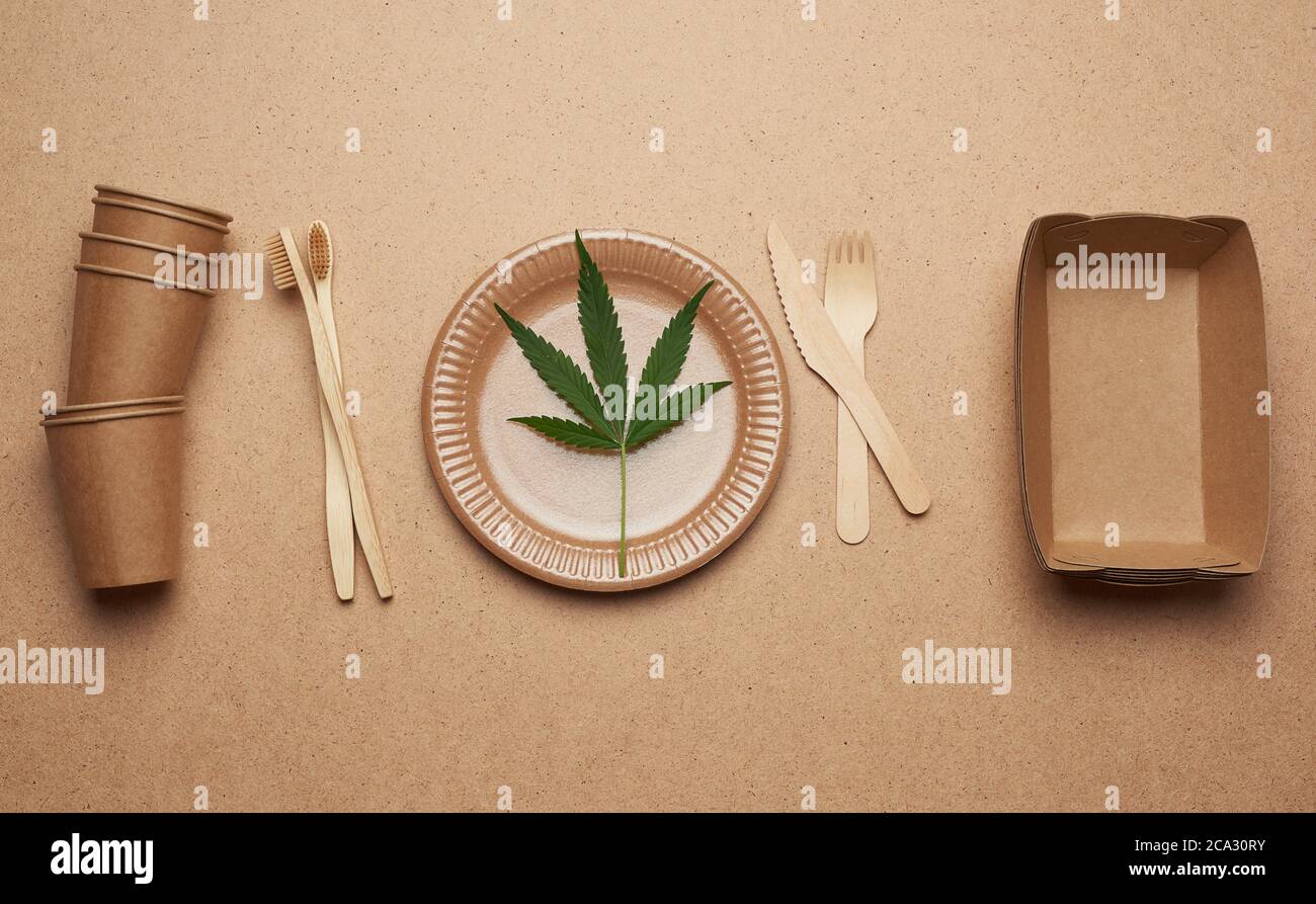 set of brown paper plates, cups and wooden forks and knives on a brown