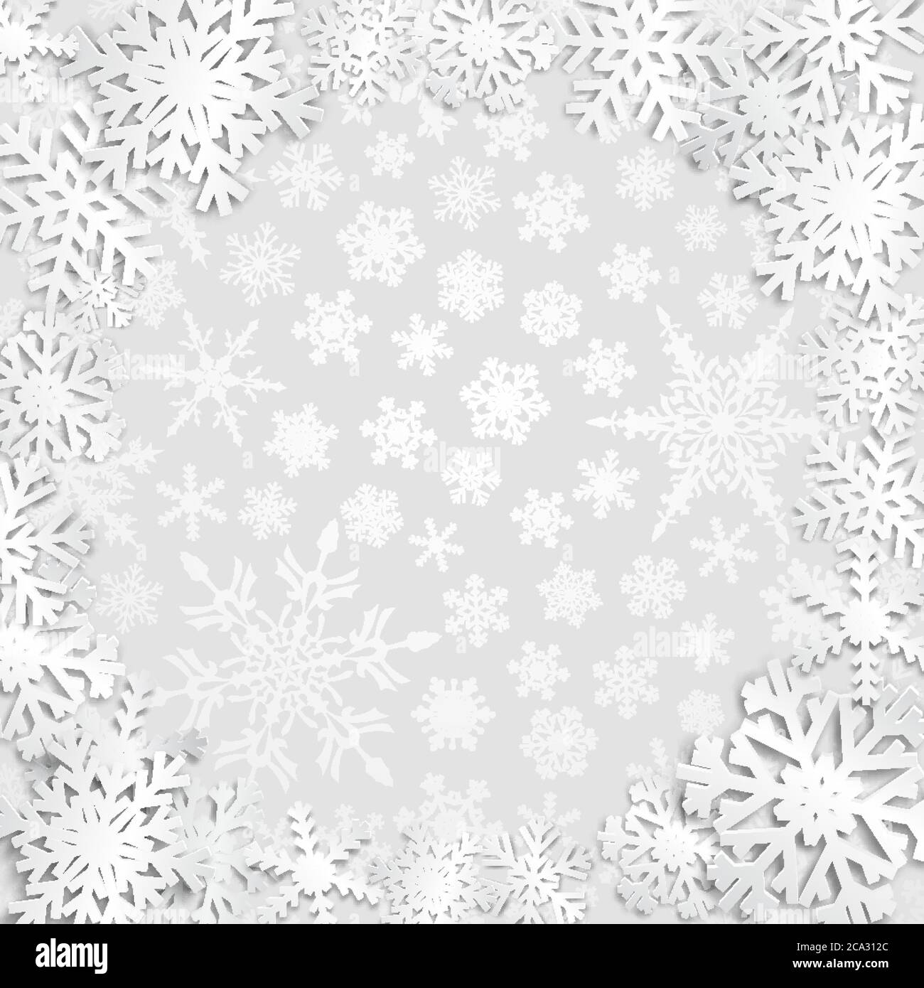 Christmas illustration with circle frame of white snowflakes on gray ...