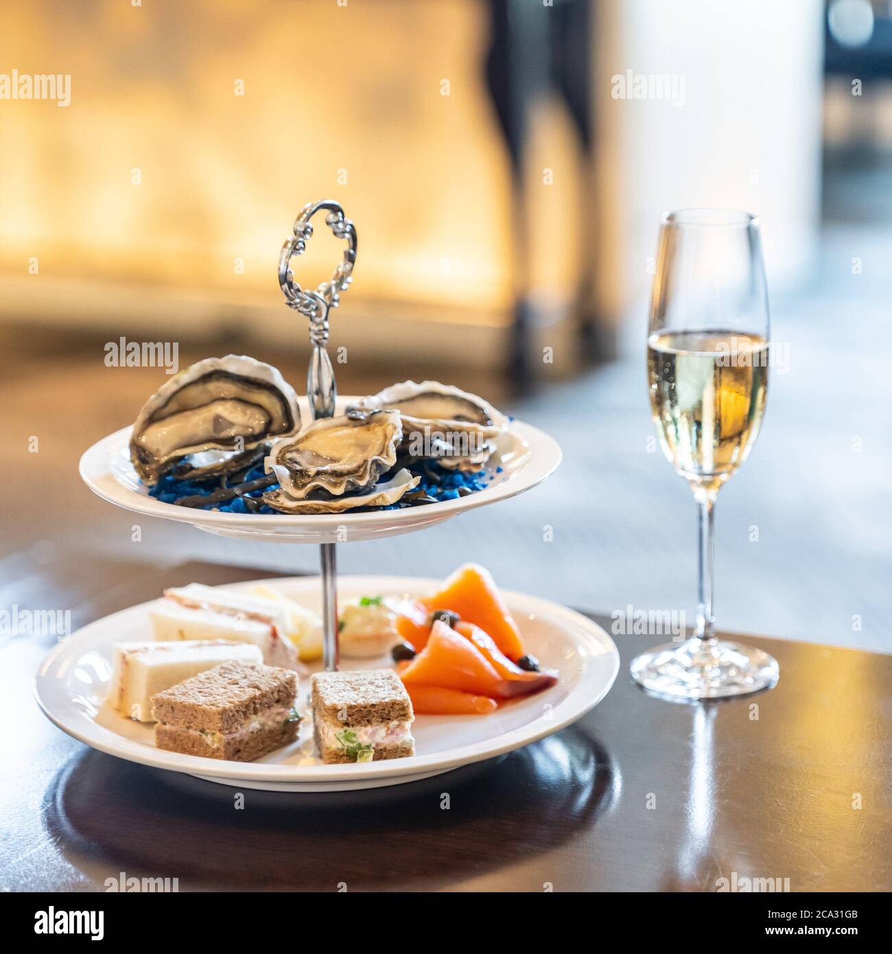 cocktail Canapes dish, Fresh Oyster and smoked salmon seafood