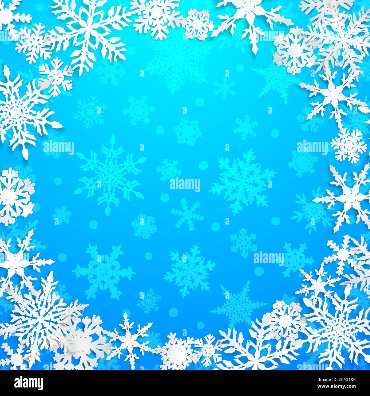 Christmas illustration with circle frame of big white snowflakes with ...