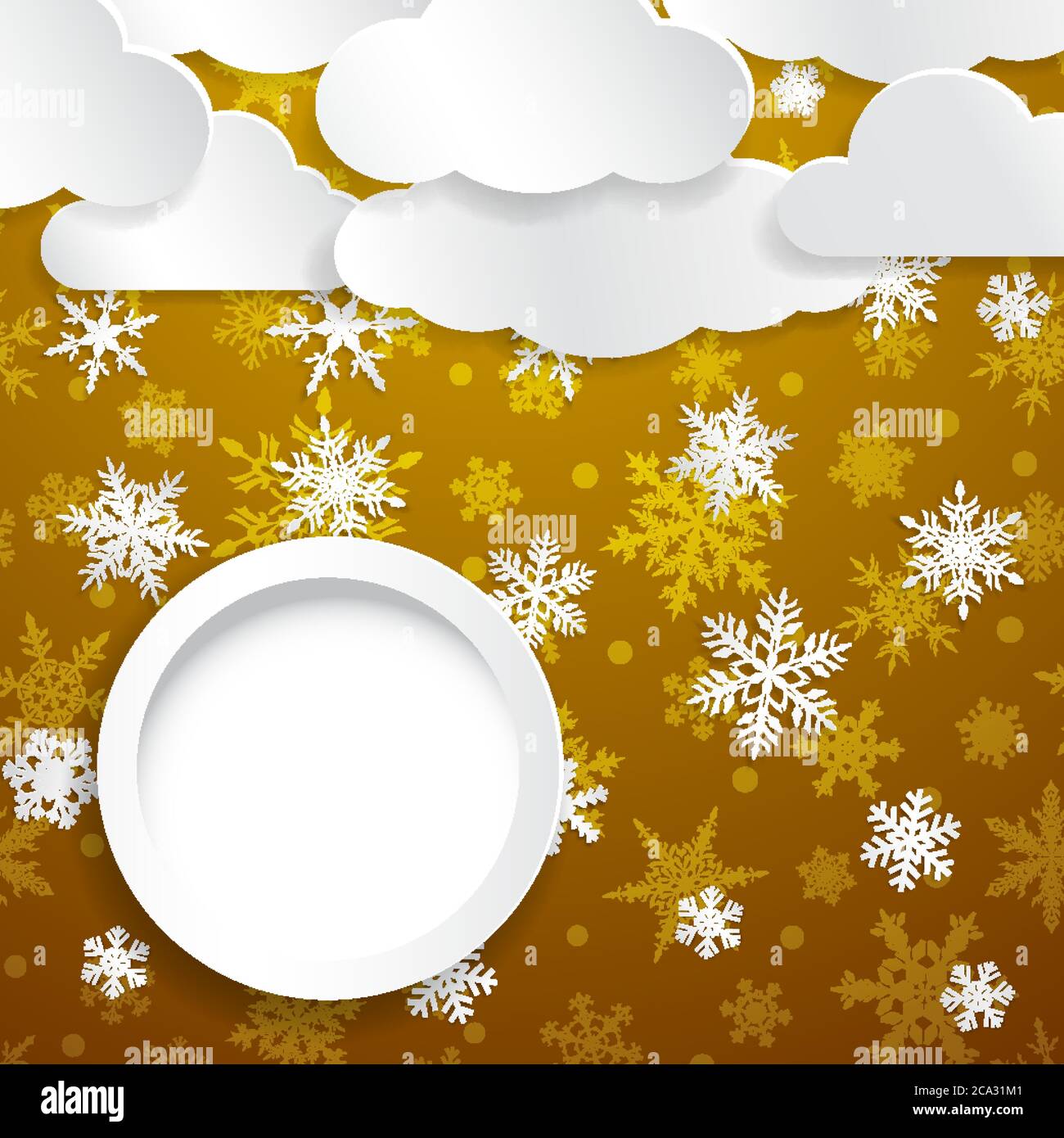 Christmas illustration with white clouds, snowflakes and circle frame ...