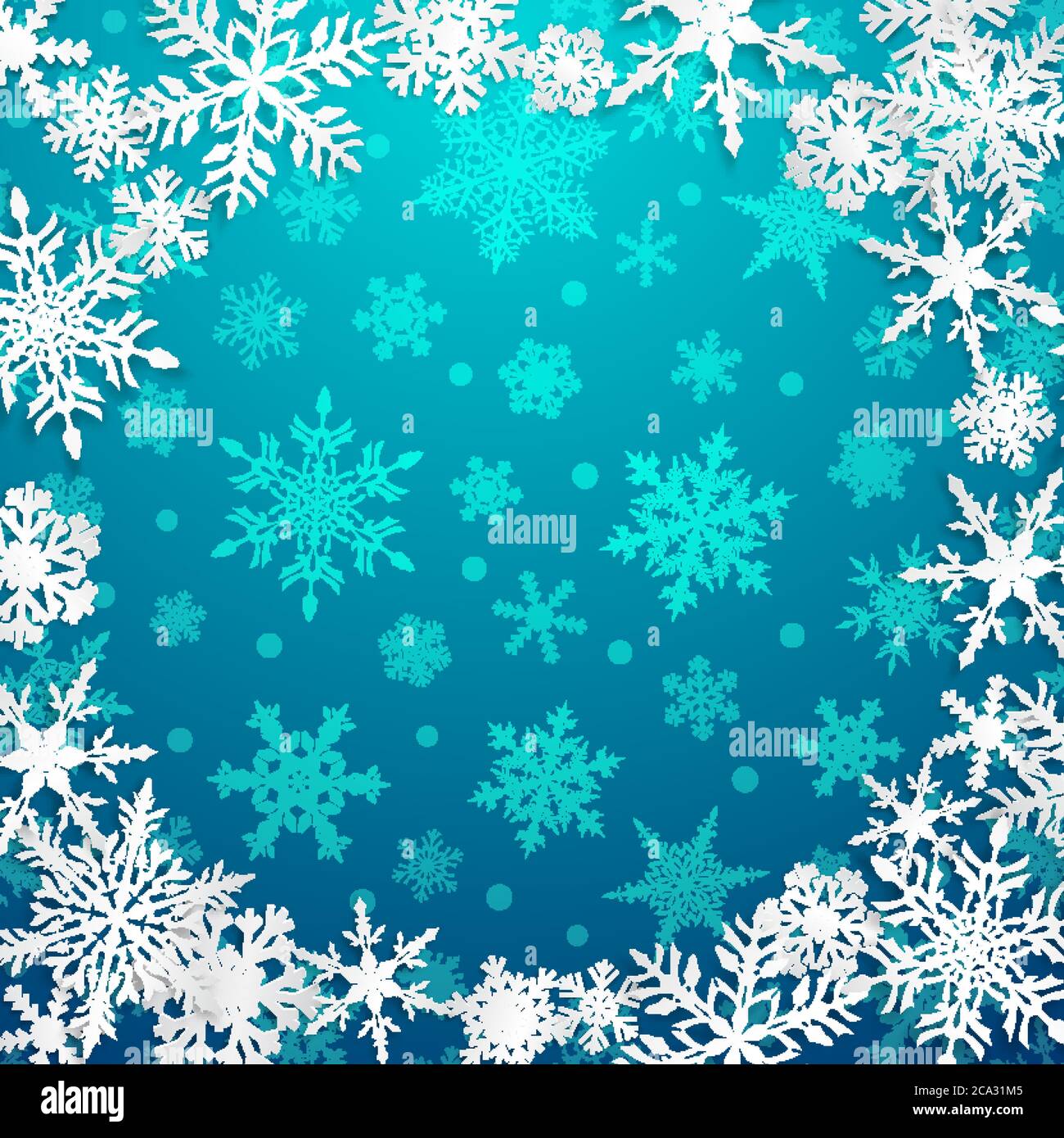 Christmas illustration with circle frame of big white snowflakes with ...