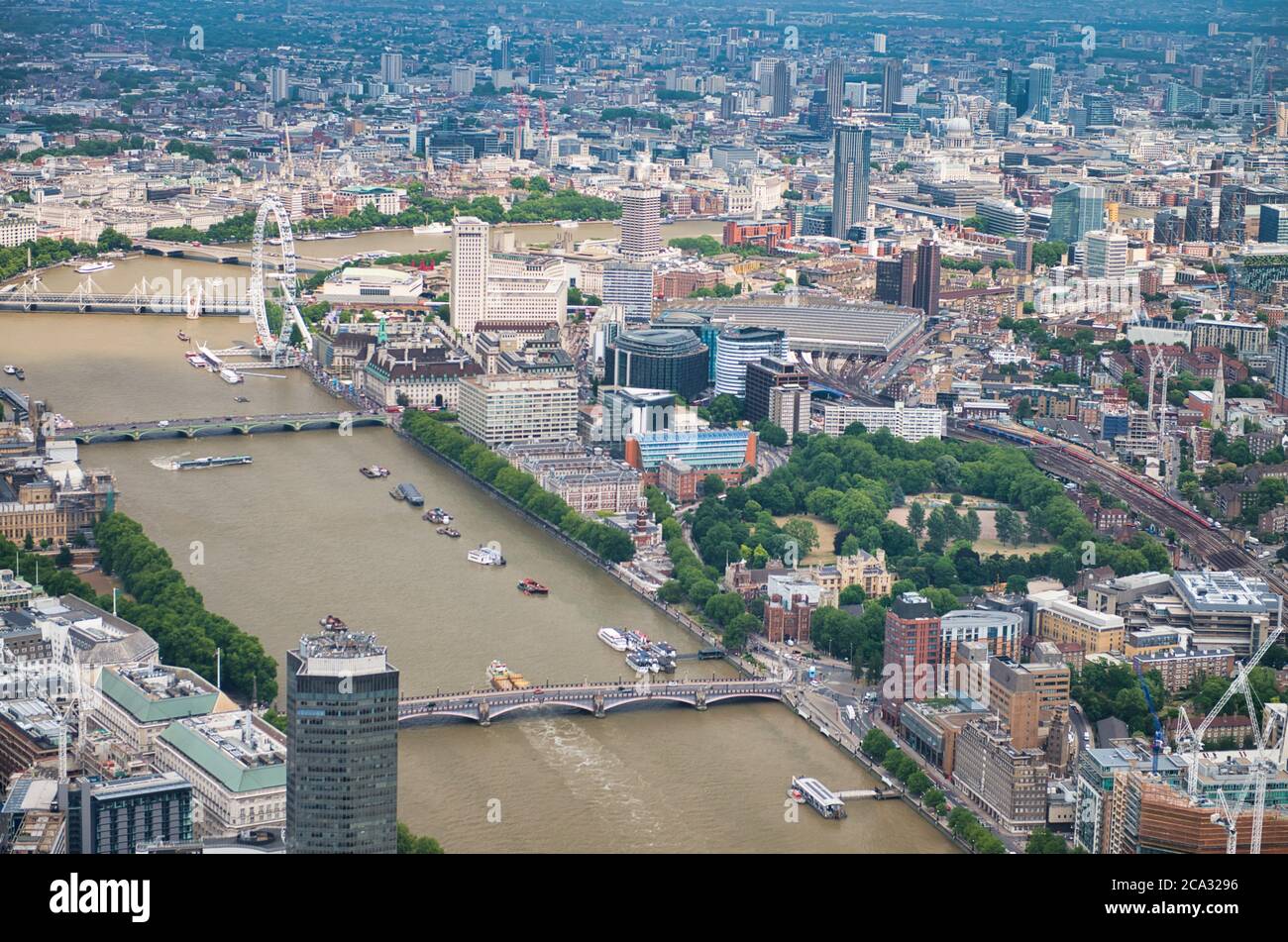 Aerial view of River Thames and London Bridges and skyline, UK Stock