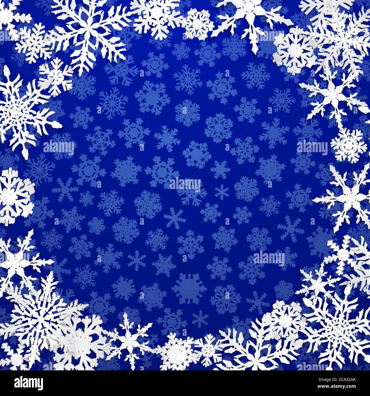 Christmas illustration with circle frame of big white snowflakes with ...