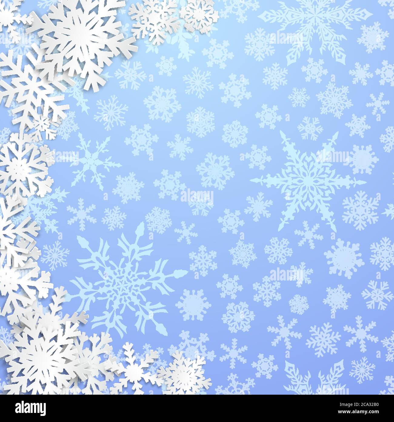 Christmas illustration with semicircle of big white snowflakes with ...