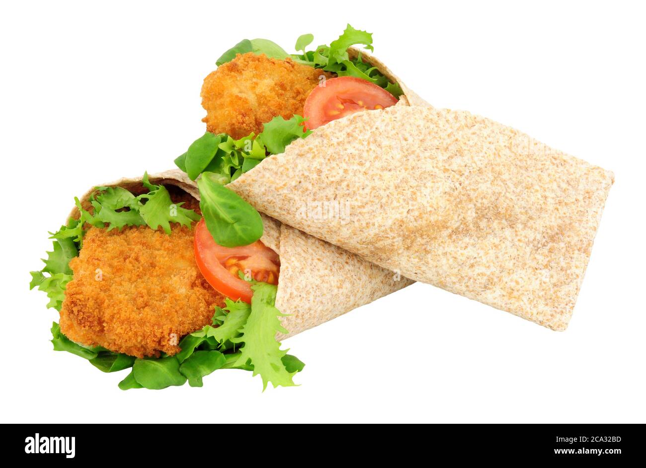 Southern fried chicken tortilla wraps isolated on a white background