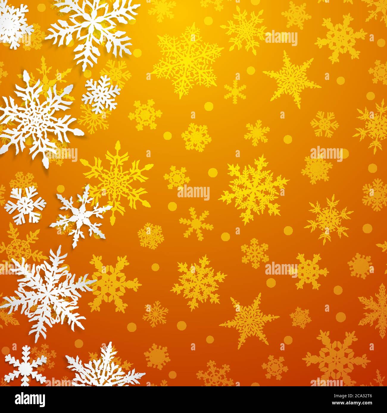 Christmas illustration with big white snowflakes with shadows on yellow ...