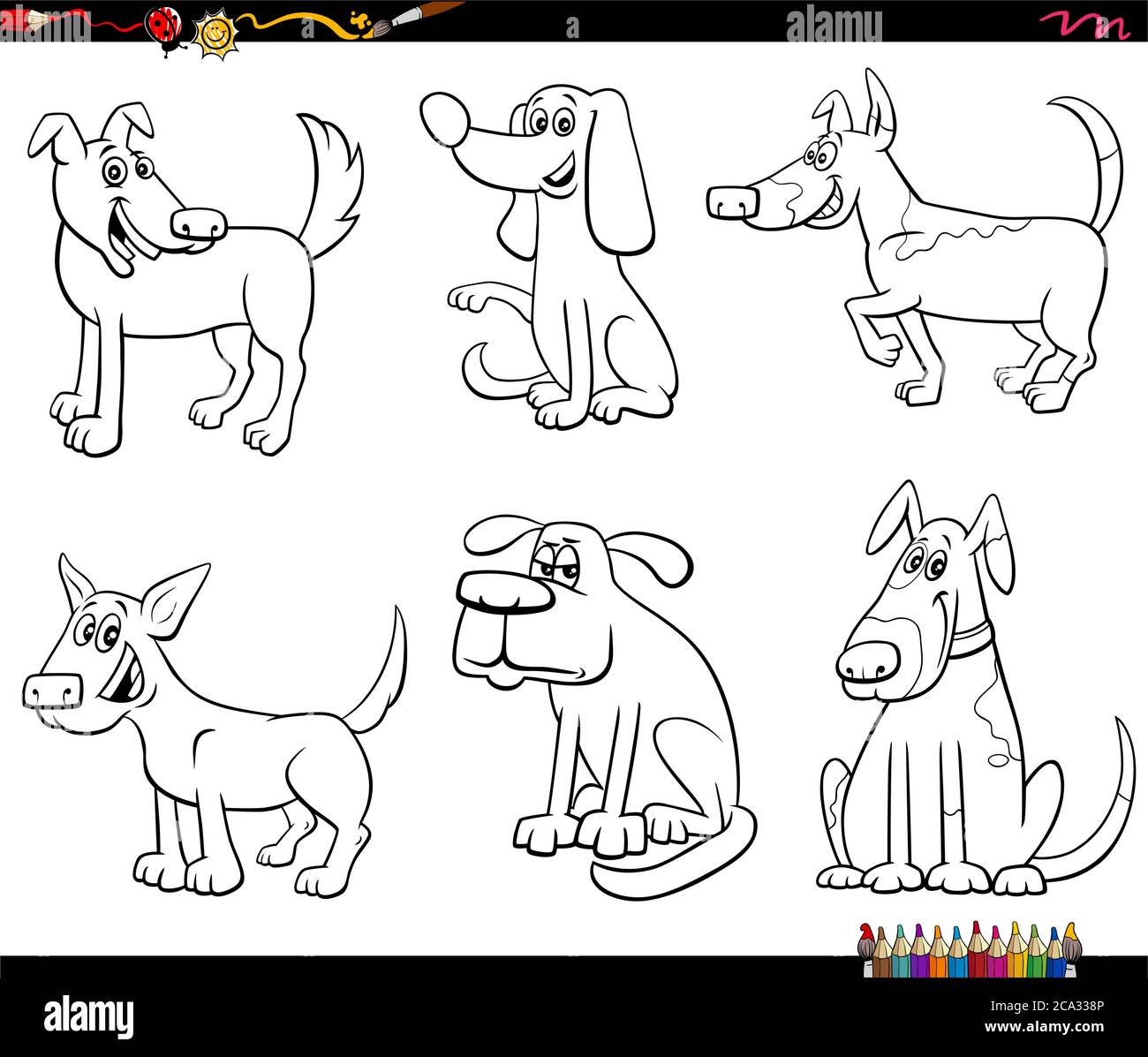 Black and White Cartoon Illustration of Funny Dogs and Puppies Comic Animal Characters Set Coloring Book Page Stock Vector