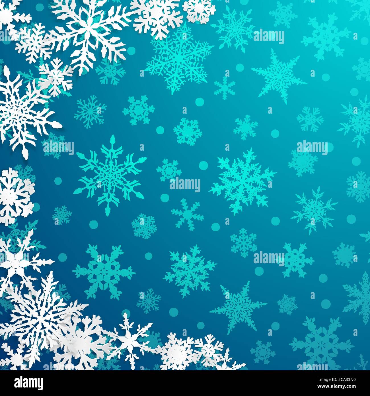 Christmas illustration with semicircle of big white snowflakes with ...